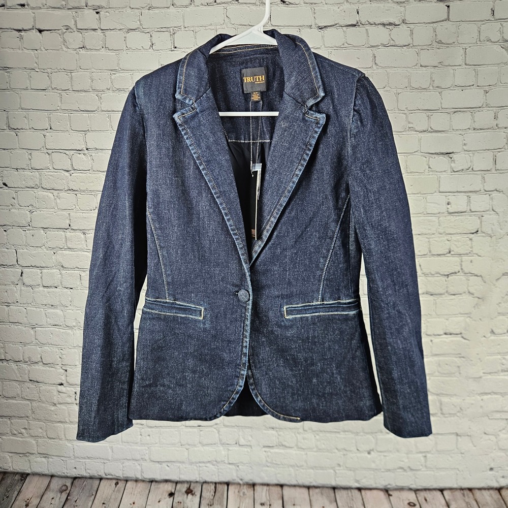$118 Truth by Republic Womens Dark Wash Denim Blazer Jacket Navy Blue NWT Small